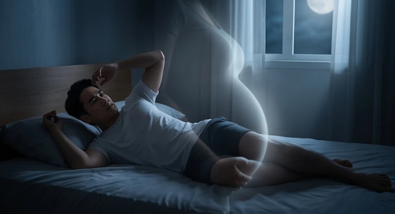 Người đàn ông châu Á trằn trọc trên giường trong ánh sáng mờ ảo sau khi mơ thấy đàn ông có bầu