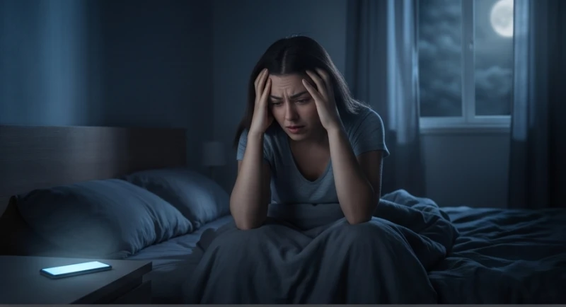 Mơ bị trộm điện thoại: Điềm báo bối cảnh & con số may mắn 1 Người phụ nữ lo âu ôm đầu khi nằm trên giường nhớ lại giấc mơ bị trộm điện thoại.