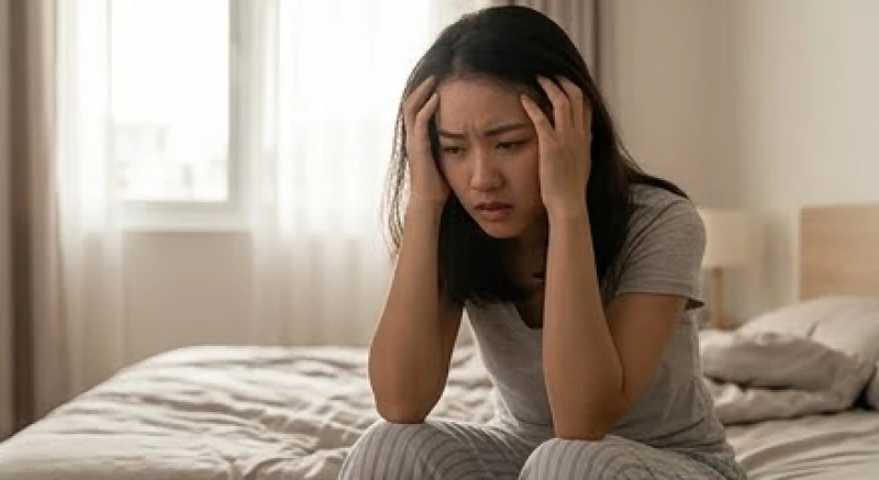 Người phụ nữ ngồi thẫn thờ trên giường với vẻ mặt lo âu sau khi trải qua giấc mơ rơi tự do