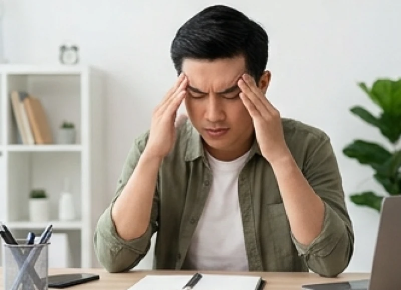 Bị mẻ răng là điềm gì: Ý nghĩa tâm linh, sơ cứu & bảng giá 6 Nam thanh niên xoa bóp thái dương thể hiện sự mệt mỏi và kiệt sức sau một ngày làm việc dài