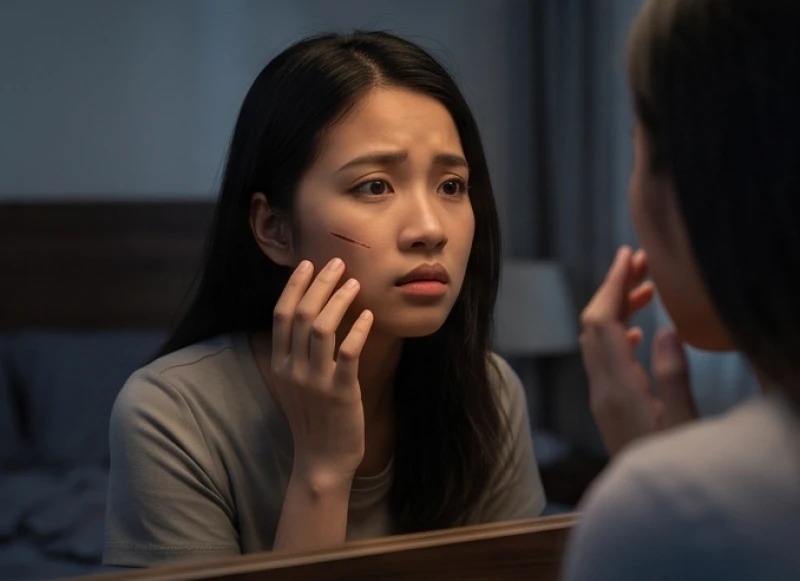 Người phụ nữ với nét mặt lo âu khi soi gương xem vết mèo cào mờ trên má minh họa cho điềm báo thị phi