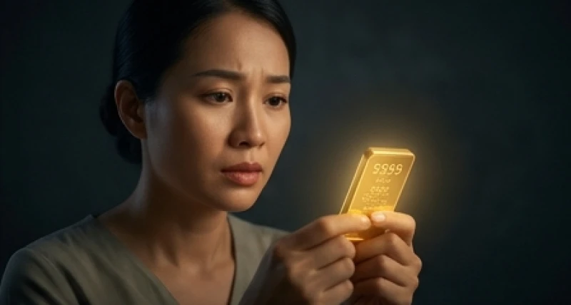 Mơ thấy mua vàng: Điềm báo lành dữ & bảng tra số phong thủy 1 Người phụ nữ suy tư cầm thỏi vàng 9999 thể hiện điềm báo khi mơ thấy mua vàng