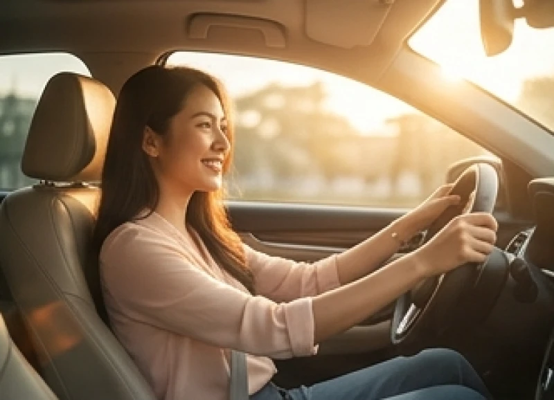 Mơ Thấy Mua Xe: Giải Mã Điềm Báo, Hóa Giải Vận Xui & Sổ Mơ 1 Người phụ nữ mỉm cười rạng rỡ ngồi sau vô lăng chiếc xe hơi bóng bẩy dưới ánh nắng mặt trời