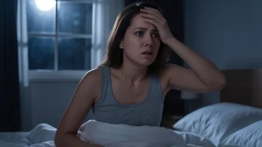 Người phụ nữ giật mình tỉnh giấc giữa đêm trong phòng ngủ tối lo lắng về việc giấc mơ nào là điềm báo xấu