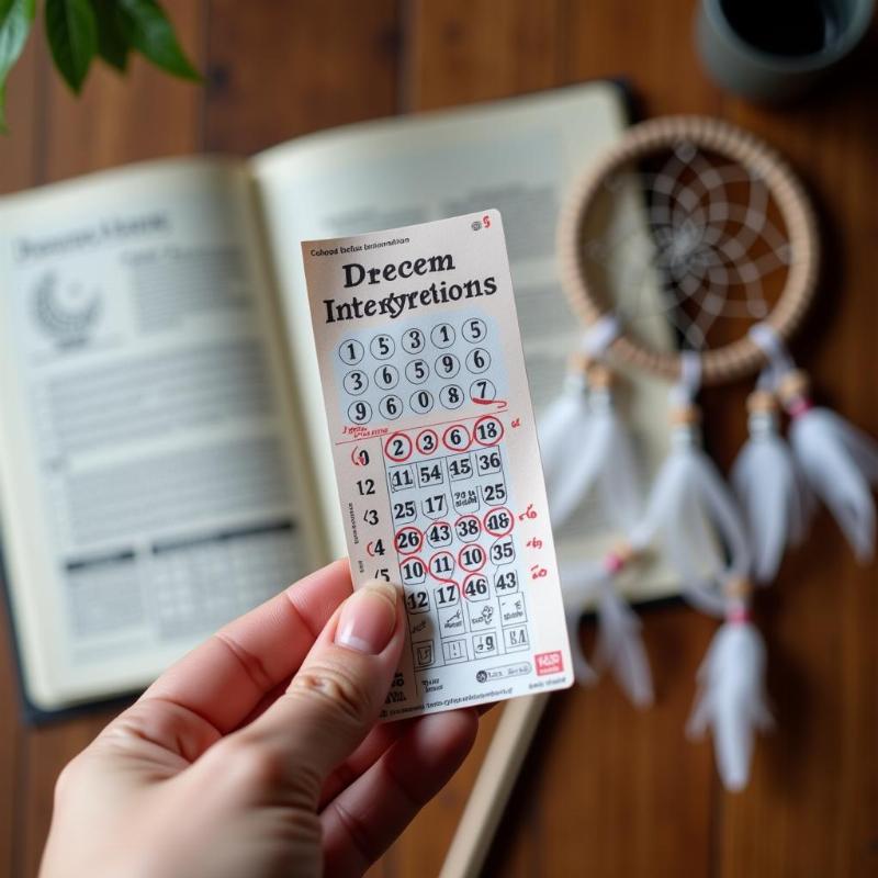 A woman looking at a lottery ticket, pondering the meaning of her dream and the numbers to choose