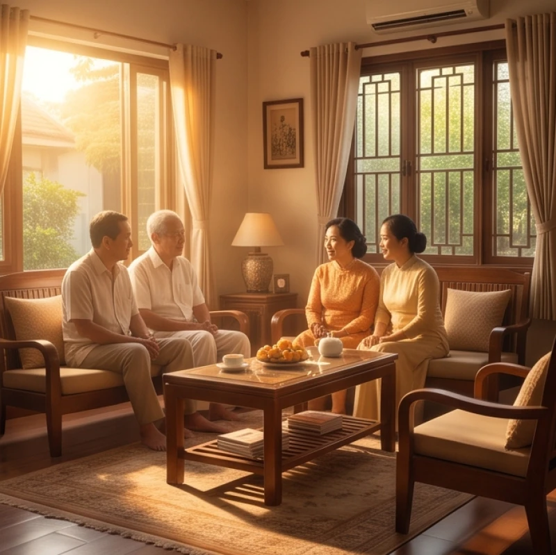 Nằm mơ thấy quan tài có người chết: Điềm lành hay dữ, đánh số gì? 2 Khung cảnh gia đình đầm ấm và bình yên với ánh sáng dịu nhẹ đại diện cho niềm vui và sức khỏe dồi dào