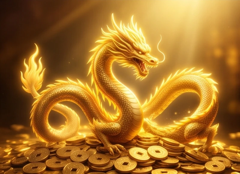 Con rồng vàng rực rỡ uốn lượn quanh một đống tiền xu cổ tượng trưng cho vận may và tài lộc dồi dào