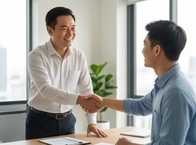 Vị sếp đang mỉm cười thân thiện và bắt tay chúc mừng nhân viên xuất sắc ngay trong phòng họp