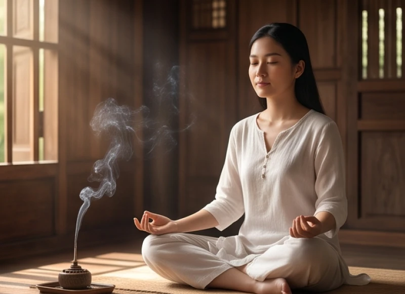 Giấc mơ có báo trước điều gì không: Tiêu chí nhận diện 2 Phụ nữ trẻ ngồi thiền thanh tịnh trong không gian truyền thống đại diện cho trạng thái tĩnh tại của giấc mơ báo mộng