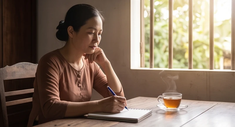 Người phụ nữ ngồi suy nghĩ trầm ngâm và ghi chép vào sổ tay bên bàn trà buổi sáng