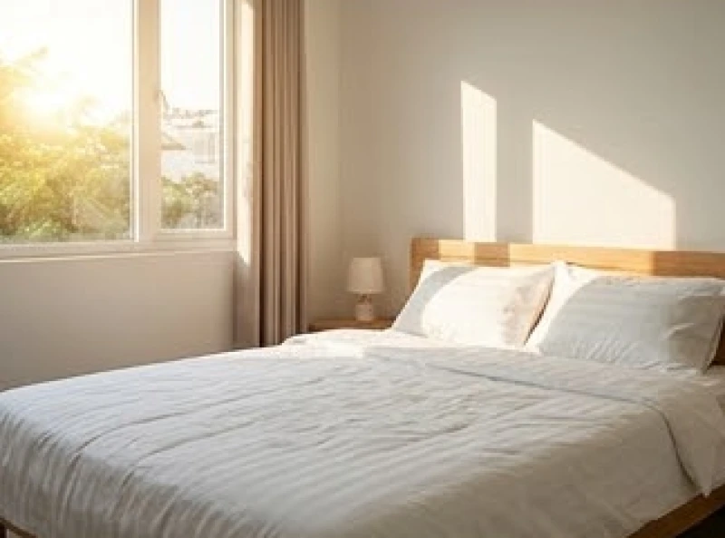 Ánh nắng ban mai rọi qua rèm cửa sổ vào phòng ngủ mang lại cảm giác bình yên dễ chịu