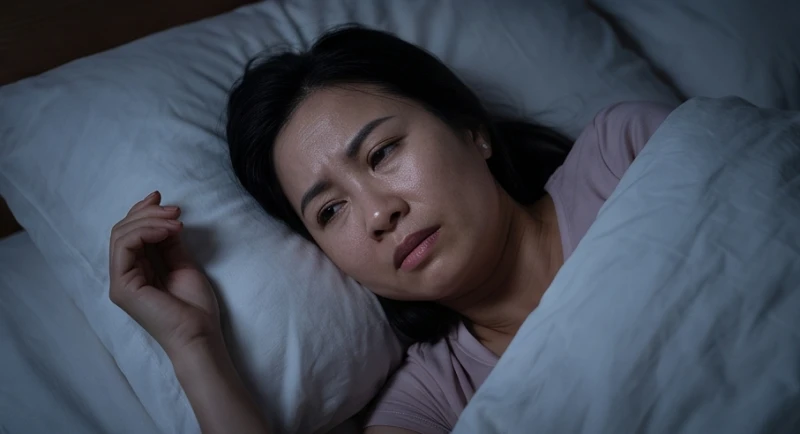 Người phụ nữ đang chìm trong giấc ngủ với nét mặt lo âu khi chiêm bao thấy đồ vật vỡ
