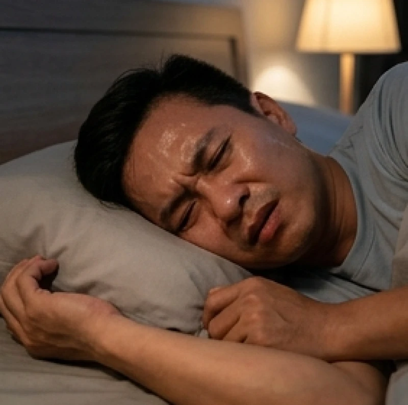 Người đàn ông ngủ không yên giấc, nhăn mặt và đổ mồ hôi do não bộ phát tín hiệu cảnh báo trong đêm