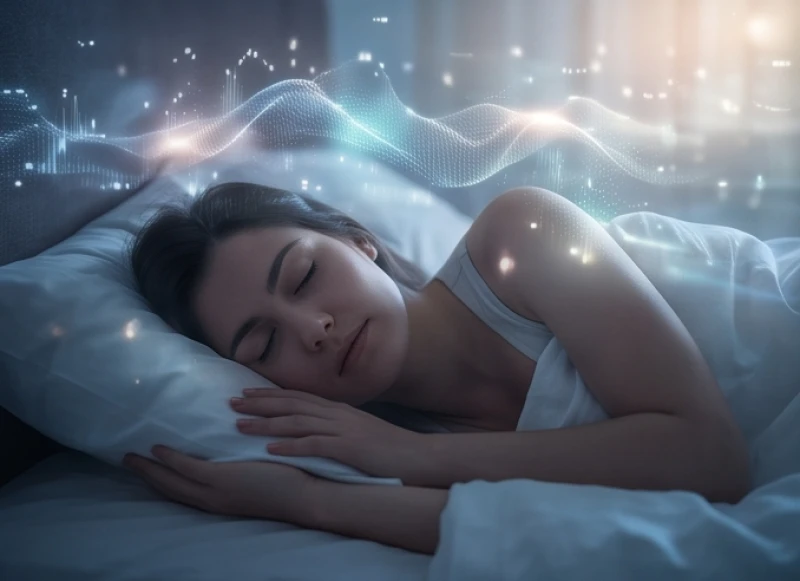 Sóng não đồ họa phát sáng xung quanh đầu một người đang ngủ say giữa những khối dữ liệu ngẫu nhiên