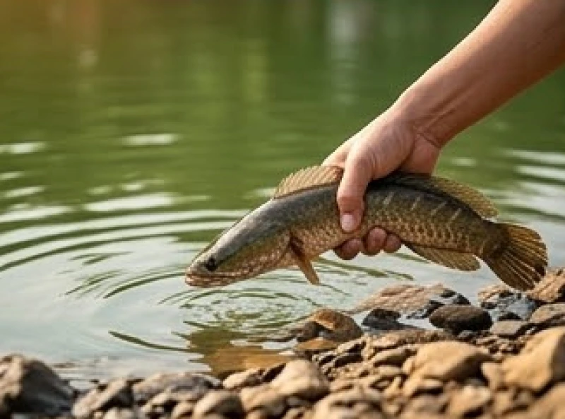Bàn tay nhẹ bợ đỡ chú cá lóc đang thoi thóp trên bờ đá thả lại xuống ao, mang ý nghĩa từ bi và chuyển hóa nghiệp quả.
