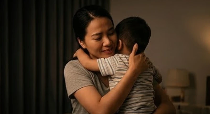 Người mẹ ôm chặt đứa trẻ vào lòng với nét mặt nhẹ nhõm, thể hiện sự an toàn và vượt qua khủng hoảng
