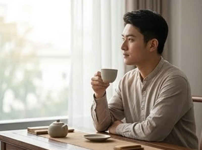 Người đàn ông trẻ tĩnh tâm uống trà phản ánh sự điềm tĩnh trong giai đoạn tiền vận