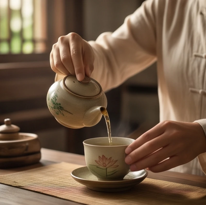 Mơ thấy con lợn: Điềm báo tài lộc & luận số âm dương 6 Một người đang cẩn thận pha bình trà sen thơm ngát trong không gian tĩnh lặng và thanh bình