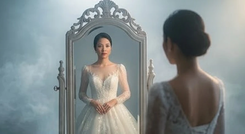Cô gái mặc váy cưới lộng lẫy soi bóng mình trong chiếc gương cổ điển