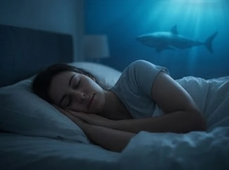 Một người đang ngủ say và chìm vào giấc mơ thấy cá mập dưới đại dương sâu thẳm