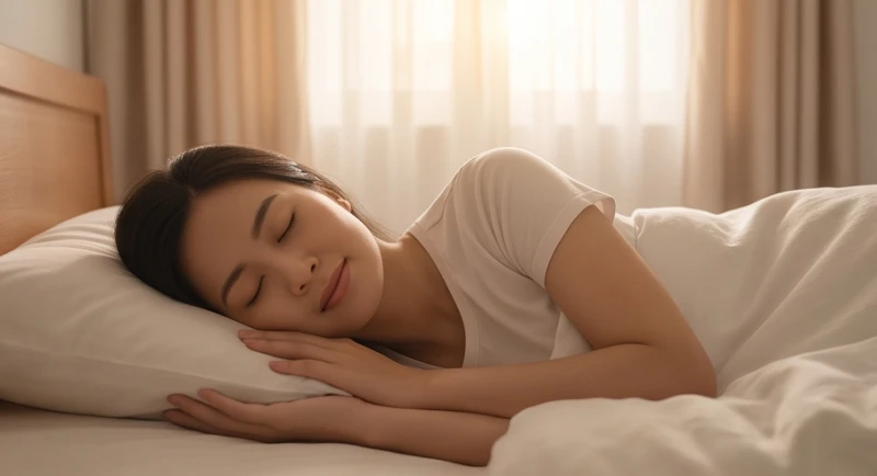 Gương mặt người phụ nữ đang thư giãn trong giấc ngủ êm đềm khi trải nghiệm những giấc mơ chữa lành