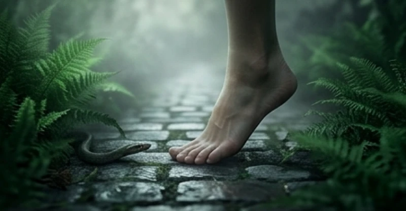 Mơ thấy rắn cắn vào chân: Giải mã vị trí, chảy máu và bộ số 1 Bàn chân trần bước đi trên con đường đá sương mù với một con rắn nhỏ lẩn khuất trong bụi rậm