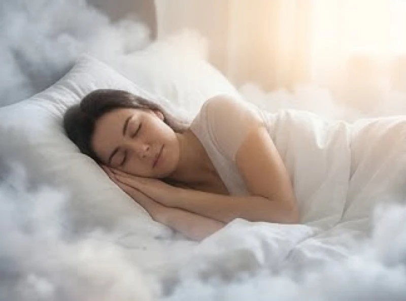 Một người phụ nữ đang ngủ say trên chiếc giường trắng giữa không gian đầy sương mù với nét mặt bình yên