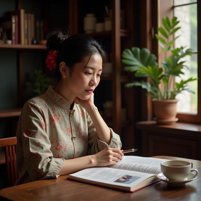 A woman is looking at a book about dream interpretation