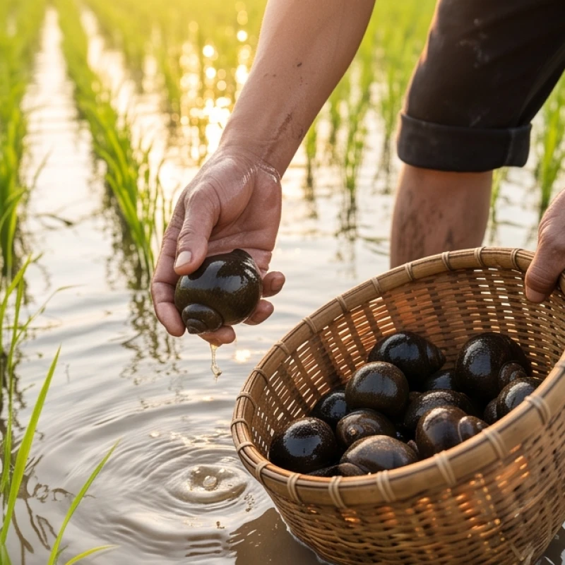 Người nông dân vui vẻ nhặt những con ốc bươu béo ngậy bỏ vào giỏ tre trên cánh đồng lúa nước mênh mông