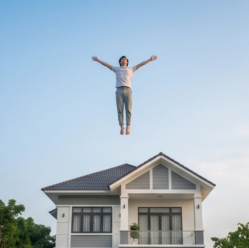Người đàn ông vút bay qua mái nhà với trạng thái hưng phấn và tự do