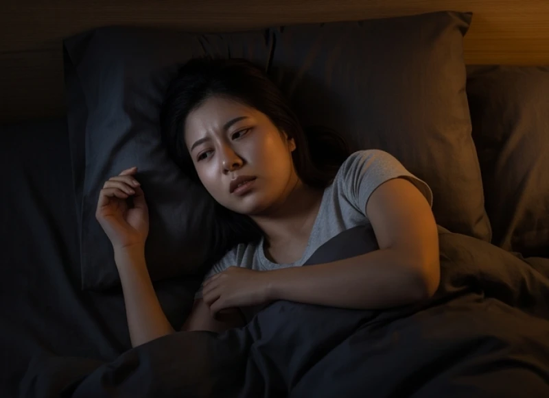 Mơ thấy búp bê ma: Giải mã điềm báo và cách trấn an tâm lý 1 Người phụ nữ nhắm mắt ngủ trằn trọc với vẻ mặt lo âu dưới ánh đèn ngủ lờ mờ