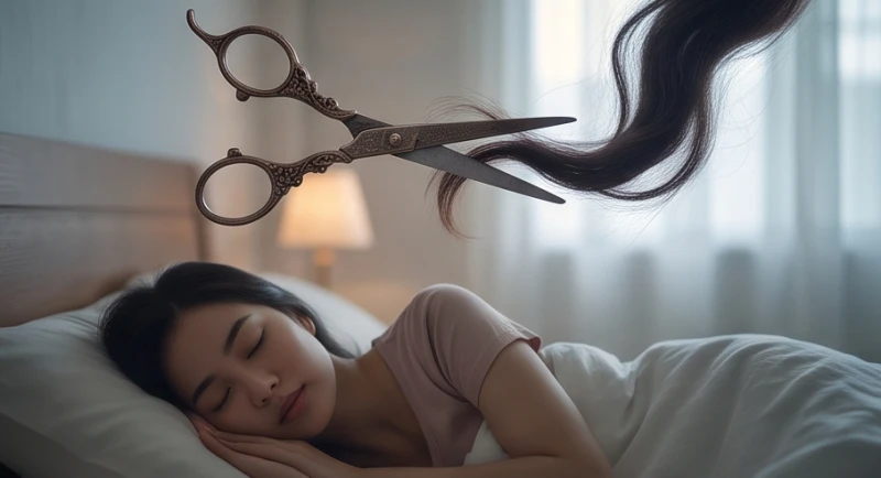 Mơ thấy cắt tóc: Giải mã điềm báo lành dữ và con số may mắn 1 Cô gái nhắm mắt ngủ say với hình ảnh mờ ảo của chiếc kéo và lọn tóc lơ lửng trong không gian