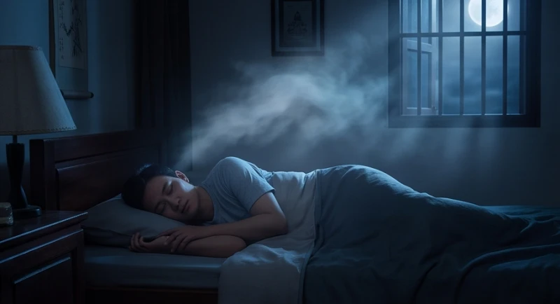 Người đang ngủ say trên giường và mơ thấy hình ảnh tâm linh mờ ảo