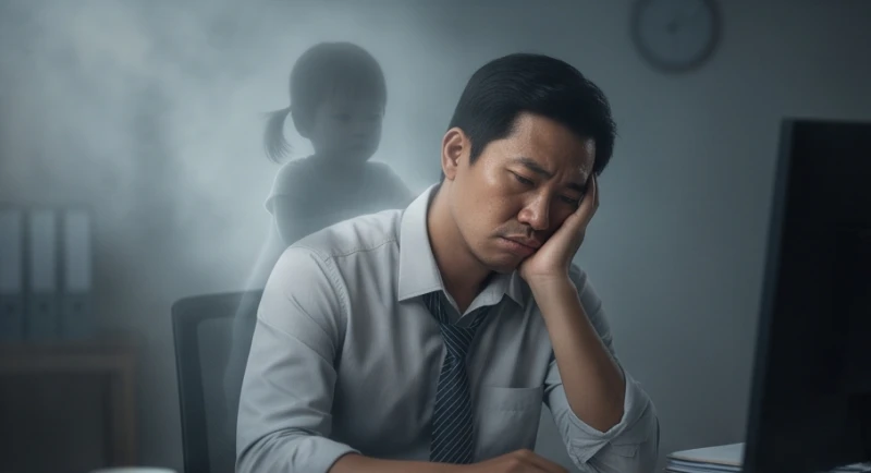 Mơ thấy cõng trẻ con: Điềm báo gánh nặng và cách hóa giải 1 Người đàn ông lo âu khi cõng một đứa trẻ ngủ thiếp trên lưng phản ánh áp lực công việc ngoài đời thực