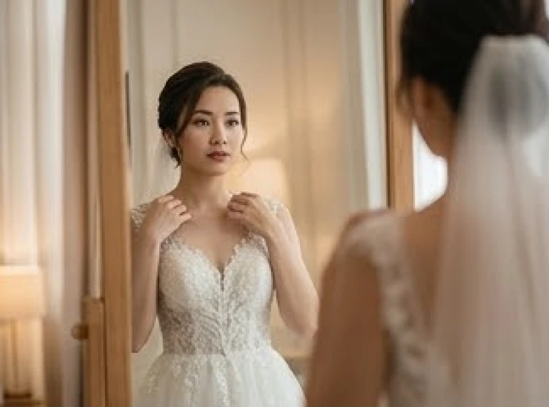 Cô dâu đứng một mình trước gương chỉnh trang lại chiếc váy cưới trắng tinh khôi