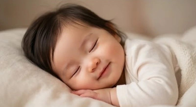 Bé gái mỉm cười dịu dàng nhắm mắt ngủ say sưa thể hiện sự bình yên và thuần khiết trong tâm hồn