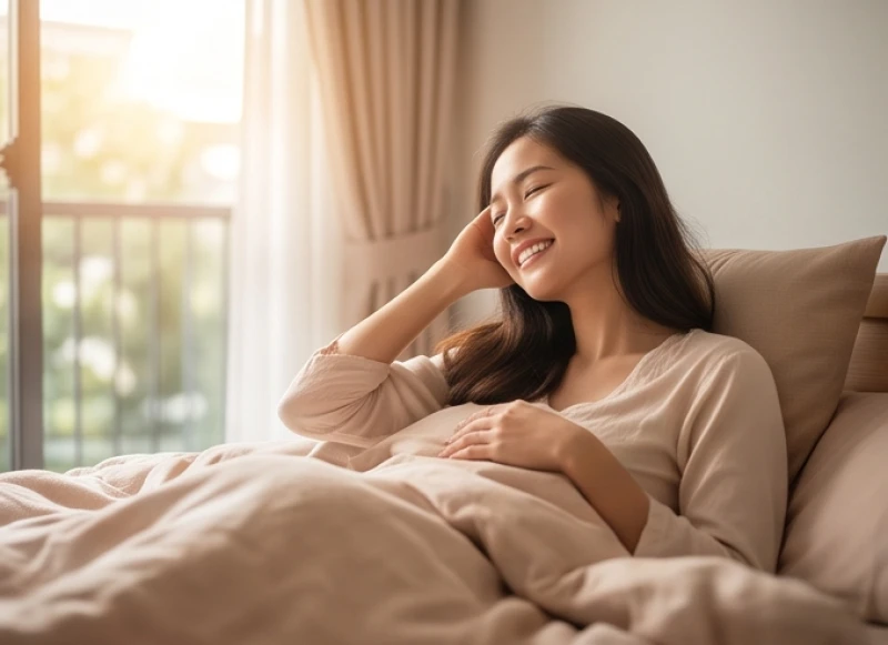 Mơ thấy mình có bầu sắp đẻ: Giải mã ngữ cảnh & con số tài lộc 1 Người phụ nữ đang mỉm cười nhẹ nhõm chào ngày mới sau khi trải qua một giấc ngủ dài