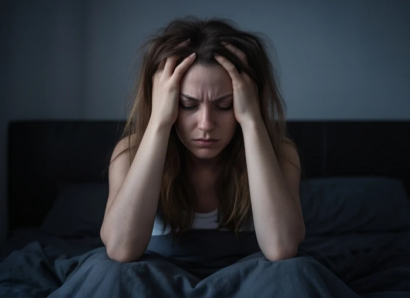 Mơ thấy mèo cắn vào tay: Điềm báo theo vị trí và số may mắn 1 Người phụ nữ trằn trọc ôm đầu vì mộng thấy mèo cắn, phản ánh sự căng thẳng