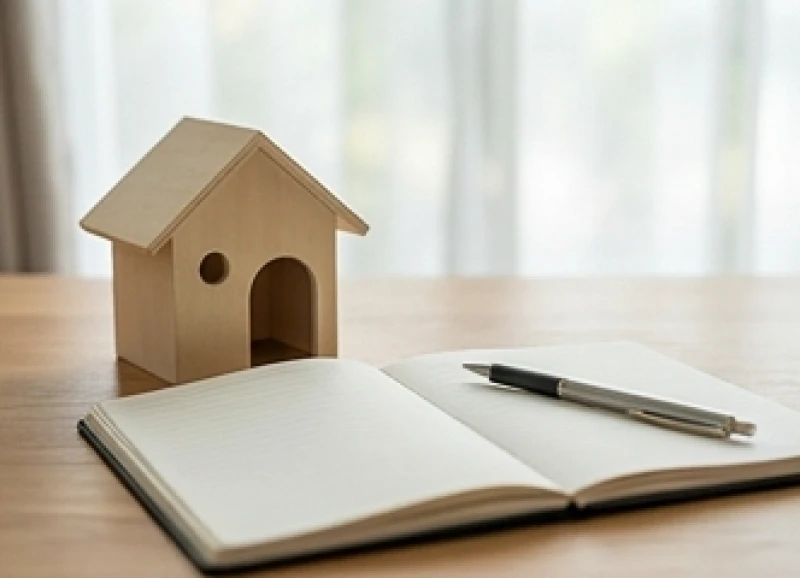 Mơ thấy mua nhà là điềm gì? Bảng số tài lộc và cách hóa giải 2 Cuốn sổ ghi chép và chiếc bút đặt cạnh mô hình ngôi nhà gỗ nhỏ trên bàn làm việc