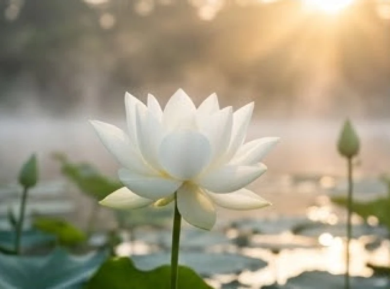 Đóa hoa sen trắng nở rạng rỡ dưới ánh nắng sớm tượng trưng cho sự tái sinh và điềm lành từ giấc mộng