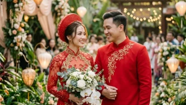 Hình ảnh cô dâu và chú rể rạng ngời hạnh phúc trong lễ thành hôn tại Việt Nam hỗ trợ giải mã giấc mơ thấy đám cưới