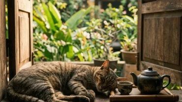 Chú mèo mướp cuộn tròn ngủ yên bình bên ấm trà gốm sứ truyền thống Việt Nam gợi nhắc việc giải mã giấc mơ thấy mèo