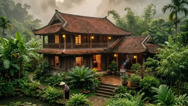 Ngôi nhà ngói đỏ truyền thống tĩnh lặng trong sương mai tượng trưng cho việc giải mã giấc mơ thấy nhà cửa