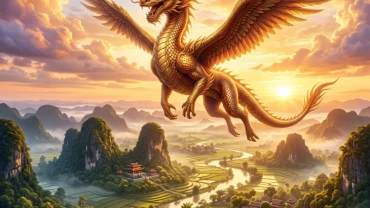 Hình ảnh rồng vàng uy nghi lượn giữa các tầng mây giúp bạn giải mã giấc mơ thấy rồng chi tiết