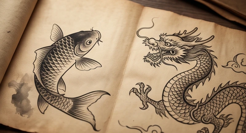 Sổ mơ là gì: Bản chất dân gian và ranh giới tâm lý học 2 Các hình ảnh con vật truyền thống như cá chép và rồng nổi bật trên trang giấy cũ