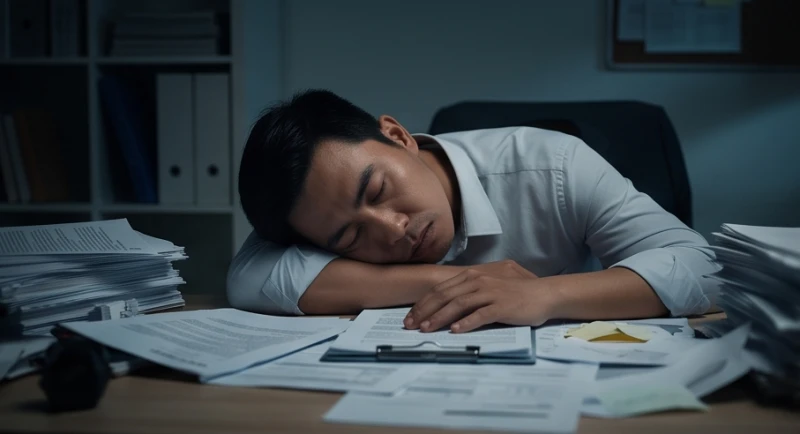 Mơ thấy tìm đồ mãi không thấy: Giải mã tâm lý bế tắc & con số 1 Người đàn ông mệt mỏi gục đầu xuống bàn làm việc đầy giấy tờ sau khi thức dậy từ giấc mộng bế tắc