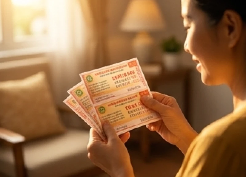 Người phụ nữ Á Đông trân trọng cầm những tờ vé số kiến thiết trong ánh sáng vàng ấm áp
