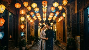 Minh họa giải mã giấc mơ về tình yêu với một cặp đôi trẻ đang đứng dưới tán lá cây xanh mát tại Việt Nam