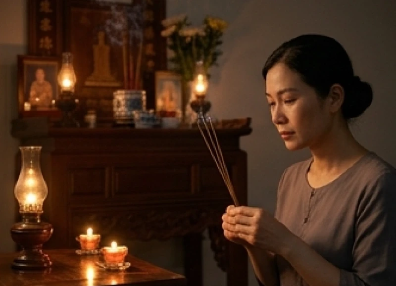 Người phụ nữ ngồi tĩnh lặng thắp nhang trên bàn thờ gia tiên sau khi bừng tỉnh khỏi giấc mộng người thân quá cố