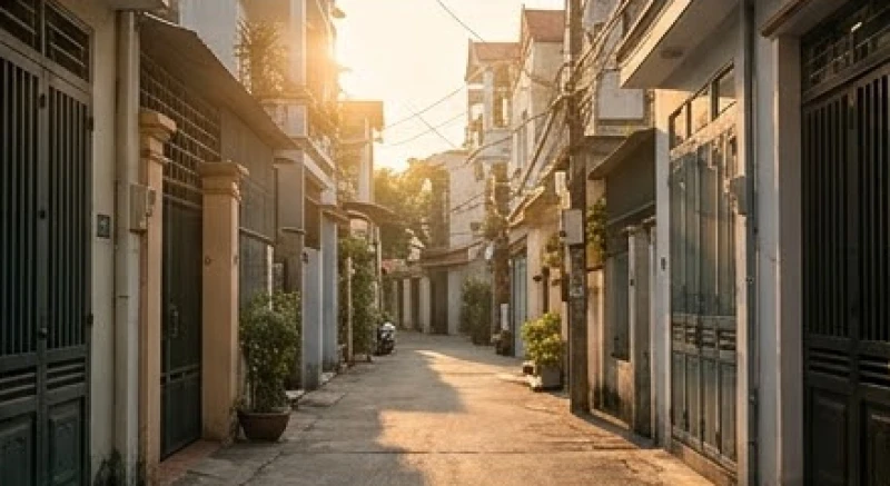 Không gian khu phố yên bình với những ngôi nhà san sát nhau trong buổi sáng sớm